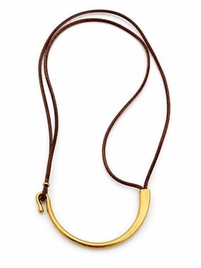 Gold Crescent Pendant Necklace on Brown Leather Cord